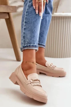 Boto Mokasyny Damskie Z Ozdobą Eko Skórzane Beżowe Tialorae Beżowy