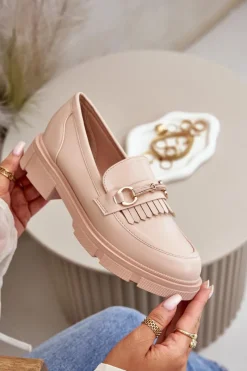 Boto Mokasyny Damskie Z Ozdobą Eko Skórzane Beżowe Tialorae Beżowy