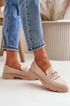 Boto Mokasyny Damskie Z Ozdobą Eko Skórzane Beżowe Tialorae Beżowy