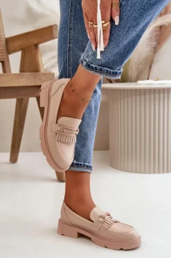 Boto Mokasyny Damskie Z Ozdobą Eko Skórzane Beżowe Tialorae Beżowy