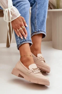 Boto Mokasyny Damskie Z Ozdobą Eko Skórzane Beżowe Tialorae Beżowy