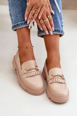 Boto Mokasyny Damskie Z Ozdobą Eko Skórzane Beżowe Tialorae Beżowy