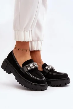 Clearance Boto Mokasyny Damskie Z Ozdobnym Paskiem Czarne Nancille