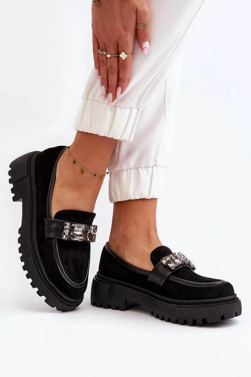 Clearance Boto Mokasyny Damskie Z Ozdobnym Paskiem Czarne Nancille