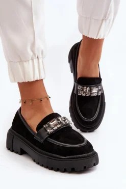 Clearance Boto Mokasyny Damskie Z Ozdobnym Paskiem Czarne Nancille