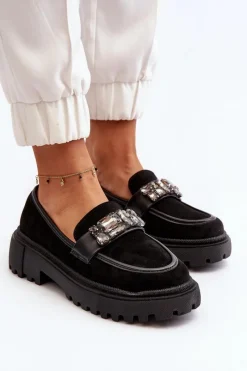 Clearance Boto Mokasyny Damskie Z Ozdobnym Paskiem Czarne Nancille