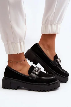 Clearance Boto Mokasyny Damskie Z Ozdobnym Paskiem Czarne Nancille