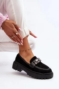 Clearance Boto Mokasyny Damskie Z Ozdobnym Paskiem Czarne Nancille