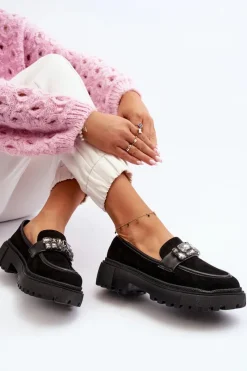 Clearance Boto Mokasyny Damskie Z Ozdobnym Paskiem Czarne Nancille