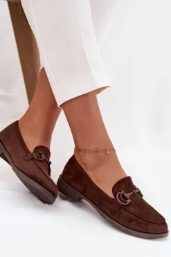 Online Mokasyny Damskie Z Ozdobnym Detalem Eko Zamszowe Czekoladowe Ambria Damskie Loafersy Damskie|Mokasyny Damskie Zamszowe