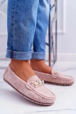 Mokasyny Damskie Skórzane>Damskie buty S.Barski Mokasyny Damskie Z Perełkami Różowe Noell