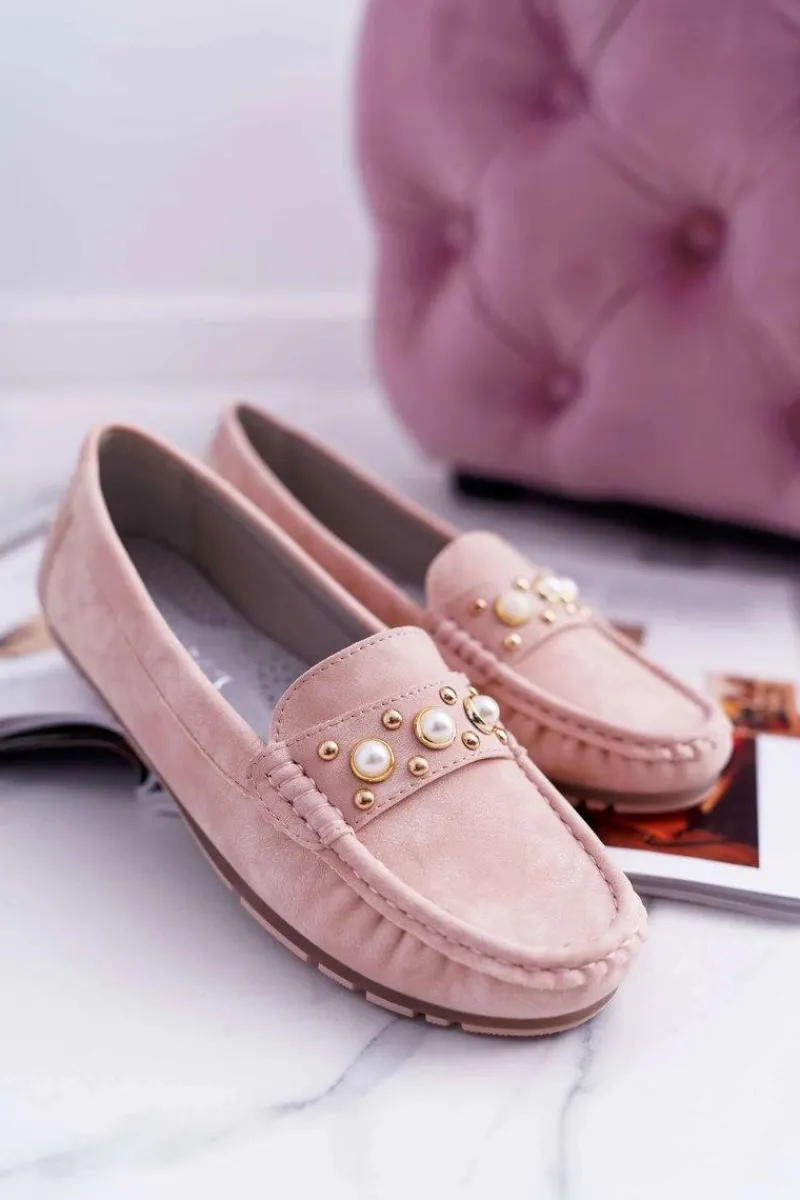 Mokasyny Damskie Skórzane>Damskie buty S.Barski Mokasyny Damskie Z Perełkami Różowe Noell
