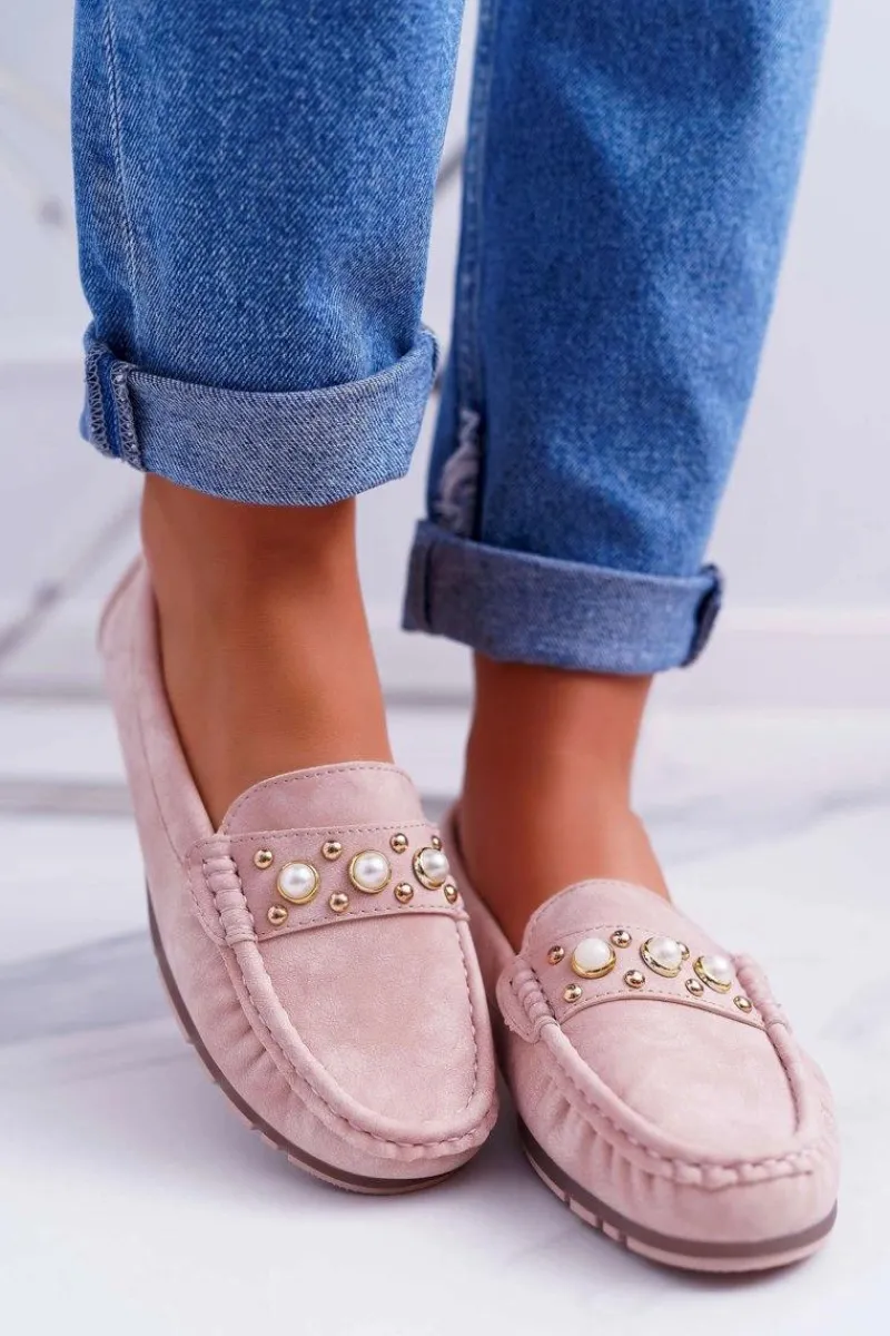 Mokasyny Damskie Skórzane>Damskie buty S.Barski Mokasyny Damskie Z Perełkami Różowe Noell