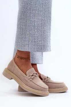Loafersy Damskie|Mokasyny Płaskie></noscript>Damskie buty S.Barski Mokasyny Damskie Zamszowe Na Płaskim Obcasie Z Ozdobą D&A TW101 Beżowe Beżowy