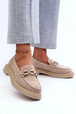 Loafersy Damskie|Mokasyny Płaskie></noscript>Damskie buty S.Barski Mokasyny Damskie Zamszowe Na Płaskim Obcasie Z Ozdobą D&A TW101 Beżowe Beżowy