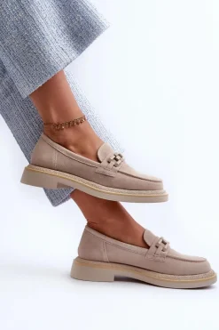 Loafersy Damskie|Mokasyny Płaskie></noscript>Damskie buty S.Barski Mokasyny Damskie Zamszowe Na Płaskim Obcasie Z Ozdobą D&A TW101 Beżowe Beżowy