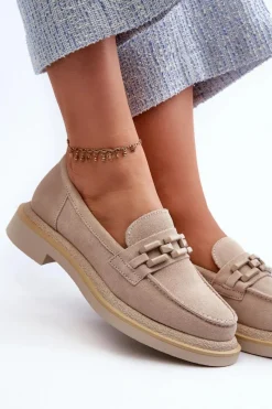 Loafersy Damskie|Mokasyny Płaskie></noscript>Damskie buty S.Barski Mokasyny Damskie Zamszowe Na Płaskim Obcasie Z Ozdobą D&A TW101 Beżowe Beżowy