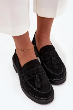 Loafersy Damskie|Mokasyny Płaskie>Damskie buty S.Barski Mokasyny Damskie Zamszowe Z Frędzlami D&A TW107 Czarne Czarny