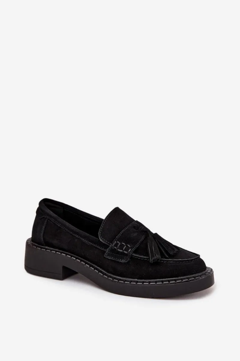 Loafersy Damskie|Mokasyny Płaskie>Damskie buty S.Barski Mokasyny Damskie Zamszowe Z Frędzlami D&A TW107 Czarne Czarny
