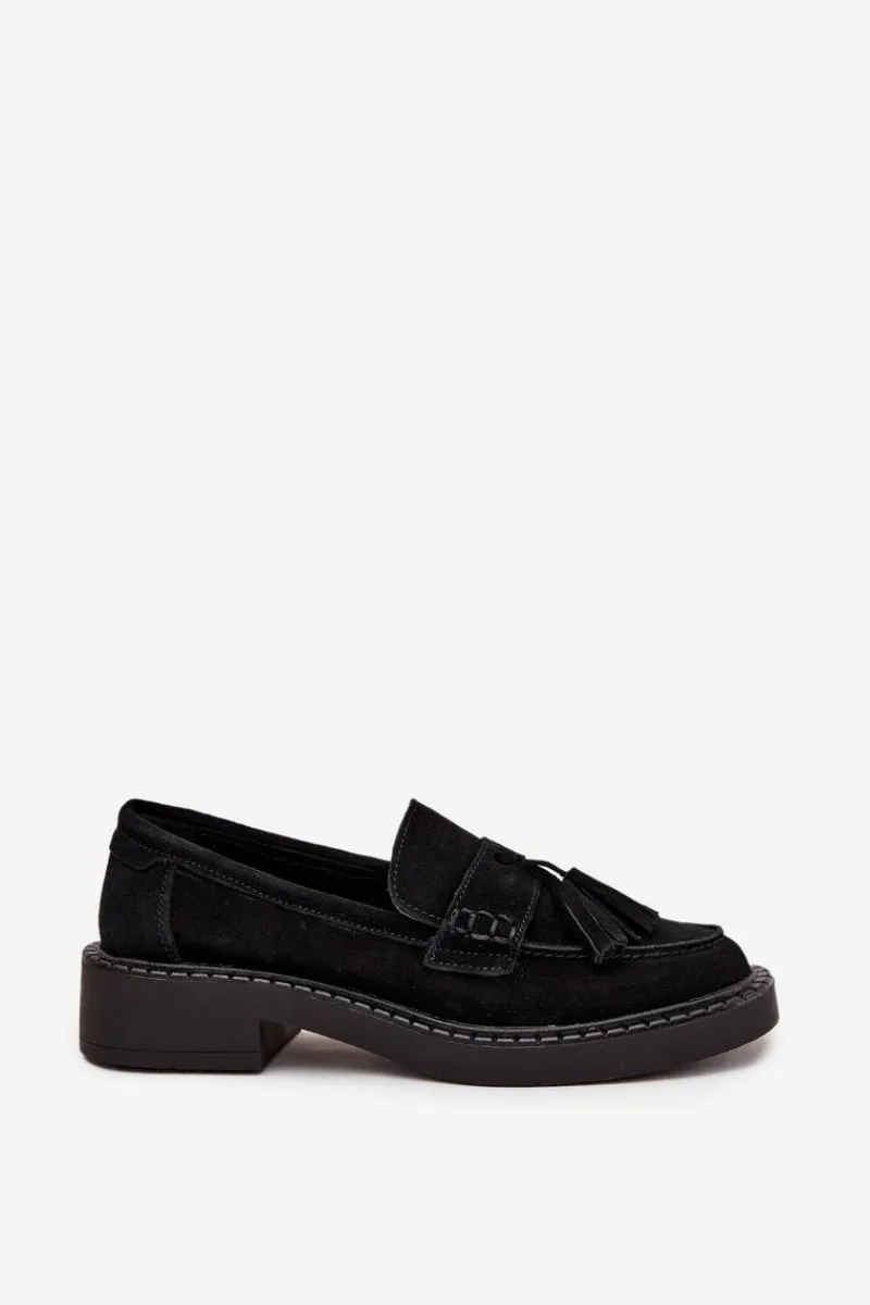Loafersy Damskie|Mokasyny Płaskie>Damskie buty S.Barski Mokasyny Damskie Zamszowe Z Frędzlami D&A TW107 Czarne Czarny