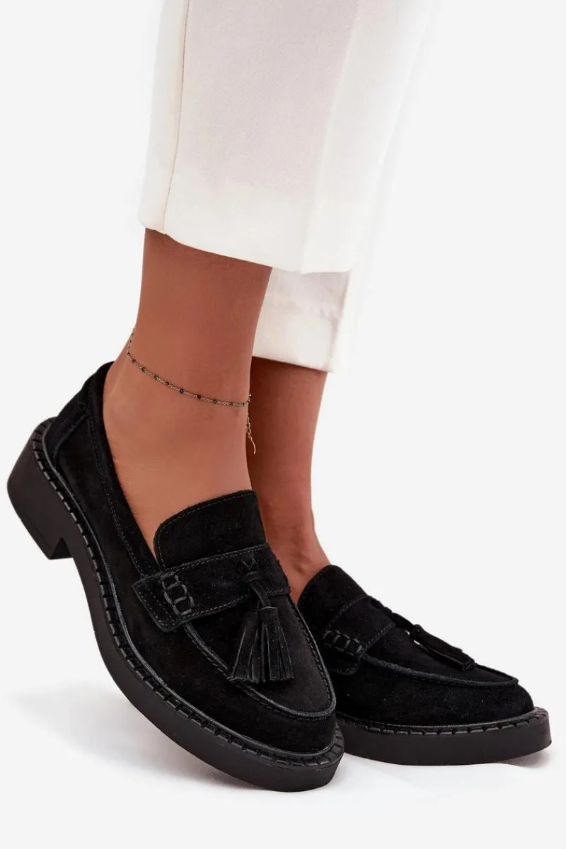 Loafersy Damskie|Mokasyny Płaskie>Damskie buty S.Barski Mokasyny Damskie Zamszowe Z Frędzlami D&A TW107 Czarne Czarny