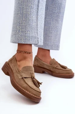 Sale Damskie buty S.Barski Mokasyny Damskie Zamszowe Z Frędzlami D&A TW107 Brązowe Brązowy