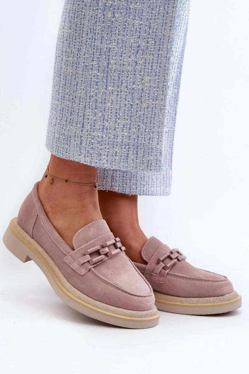 Discount Mokasyny Damskie Zamszowe Na Płaskim Obcasie Z Ozdobą D&A TW101 Brudny Róż Damskie Loafersy Damskie|Mokasyny Płaskie