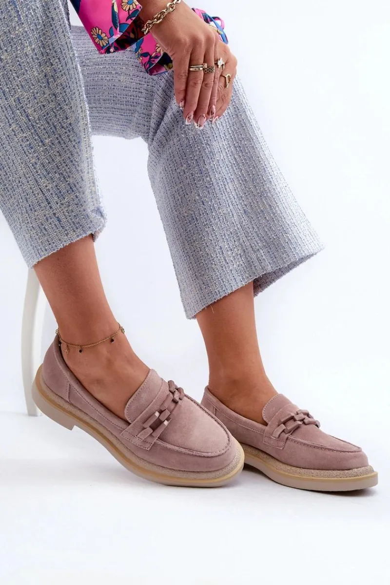 Discount Mokasyny Damskie Zamszowe Na Płaskim Obcasie Z Ozdobą D&A TW101 Brudny Róż Damskie Loafersy Damskie|Mokasyny Płaskie