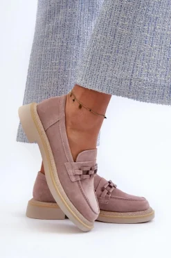 Discount Mokasyny Damskie Zamszowe Na Płaskim Obcasie Z Ozdobą D&A TW101 Brudny Róż Damskie Loafersy Damskie|Mokasyny Płaskie