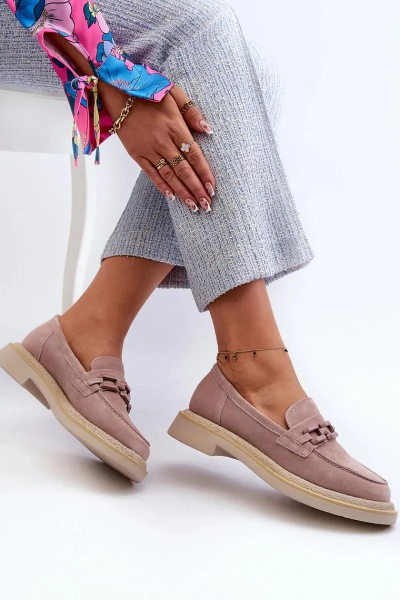 Discount Mokasyny Damskie Zamszowe Na Płaskim Obcasie Z Ozdobą D&A TW101 Brudny Róż Damskie Loafersy Damskie|Mokasyny Płaskie
