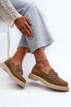 Clearance Damskie buty S.Barski Mokasyny Damskie Zamszowe Na Płaskim Obcasie Z Ozdobą D&A TW101 Brązowe Brązowy