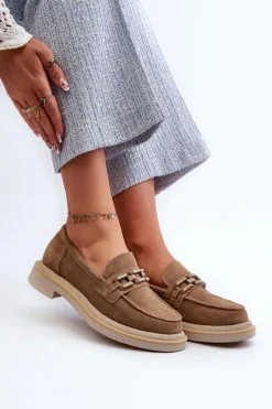 Clearance Damskie buty S.Barski Mokasyny Damskie Zamszowe Na Płaskim Obcasie Z Ozdobą D&A TW101 Brązowe Brązowy