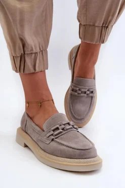 Sale Mokasyny Damskie Zamszowe Na Płaskim Obcasie Z Ozdobą D&A TW101 Szare Damskie Loafersy Damskie|Mokasyny Płaskie
