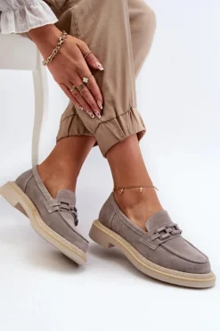 Sale Mokasyny Damskie Zamszowe Na Płaskim Obcasie Z Ozdobą D&A TW101 Szare Damskie Loafersy Damskie|Mokasyny Płaskie