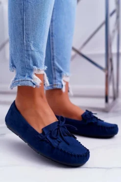 Clearance Mokasyny Damskie Zamszowe Granatowe Espanto Damskie Mokasyny Damskie Zamszowe
