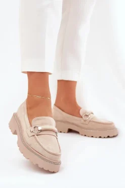 Hot Mokasyny Damskie Zdobione Cyrkoniami Beżowe Patina Damskie Mokasyny Płaskie|Mokasyny Damskie Skórzane