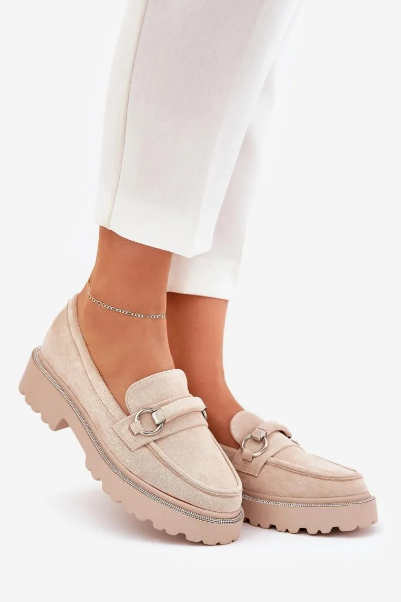 Hot Mokasyny Damskie Zdobione Cyrkoniami Beżowe Patina Damskie Mokasyny Płaskie|Mokasyny Damskie Skórzane