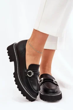 Mokasyny Damskie Zdobione Cyrkoniami Czarne Patina Damskie Mokasyny Płaskie|Mokasyny Damskie Skórzane