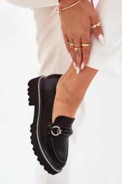 Mokasyny Damskie Zdobione Cyrkoniami Czarne Patina Damskie Mokasyny Płaskie|Mokasyny Damskie Skórzane