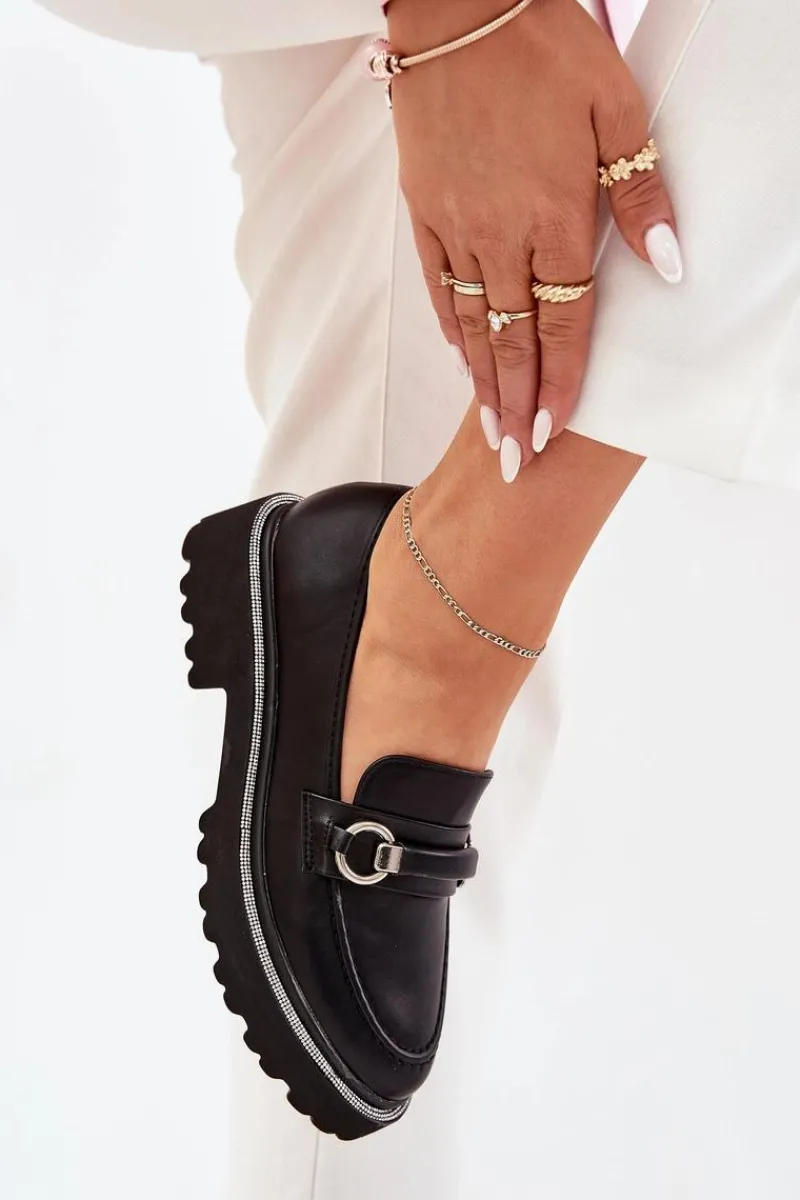 Mokasyny Damskie Zdobione Cyrkoniami Czarne Patina Damskie Mokasyny Płaskie|Mokasyny Damskie Skórzane