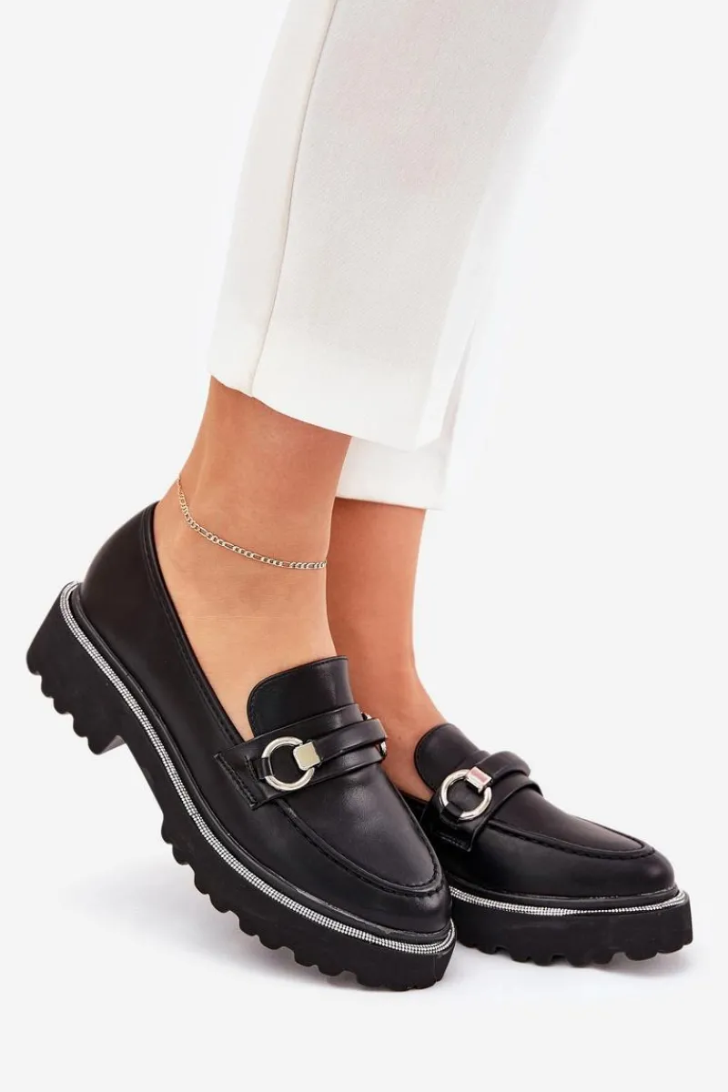 Mokasyny Damskie Zdobione Cyrkoniami Czarne Patina Damskie Mokasyny Płaskie|Mokasyny Damskie Skórzane