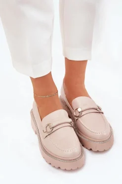 Discount Boto Mokasyny Damskie Zdobione Cyrkoniami Beżowe Patina Beżowy