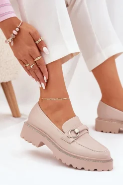 Discount Boto Mokasyny Damskie Zdobione Cyrkoniami Beżowe Patina Beżowy