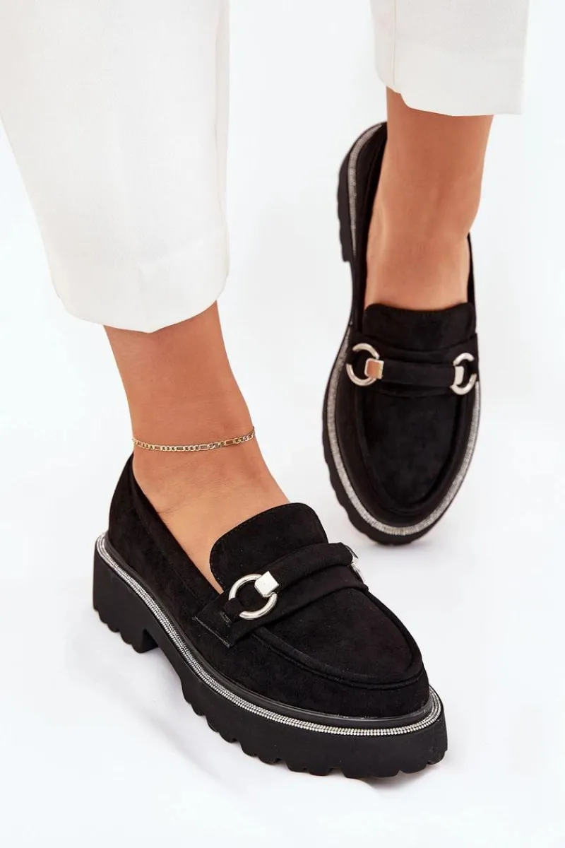 Sale Boto Mokasyny Damskie Zdobione Cyrkoniami Czarne Patina