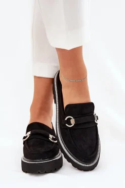 Sale Boto Mokasyny Damskie Zdobione Cyrkoniami Czarne Patina