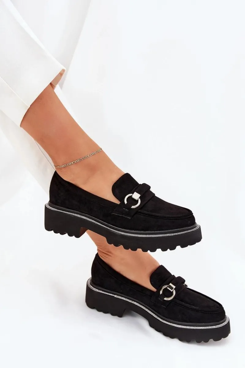 Sale Boto Mokasyny Damskie Zdobione Cyrkoniami Czarne Patina