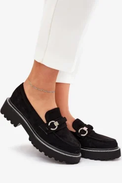 Sale Boto Mokasyny Damskie Zdobione Cyrkoniami Czarne Patina