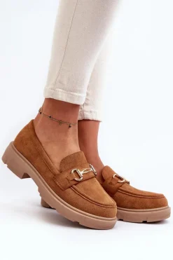 Hot Boto Mokasyny Damskie Ze Złotą Ozdobą Eko Zamszowe Camel Lighas