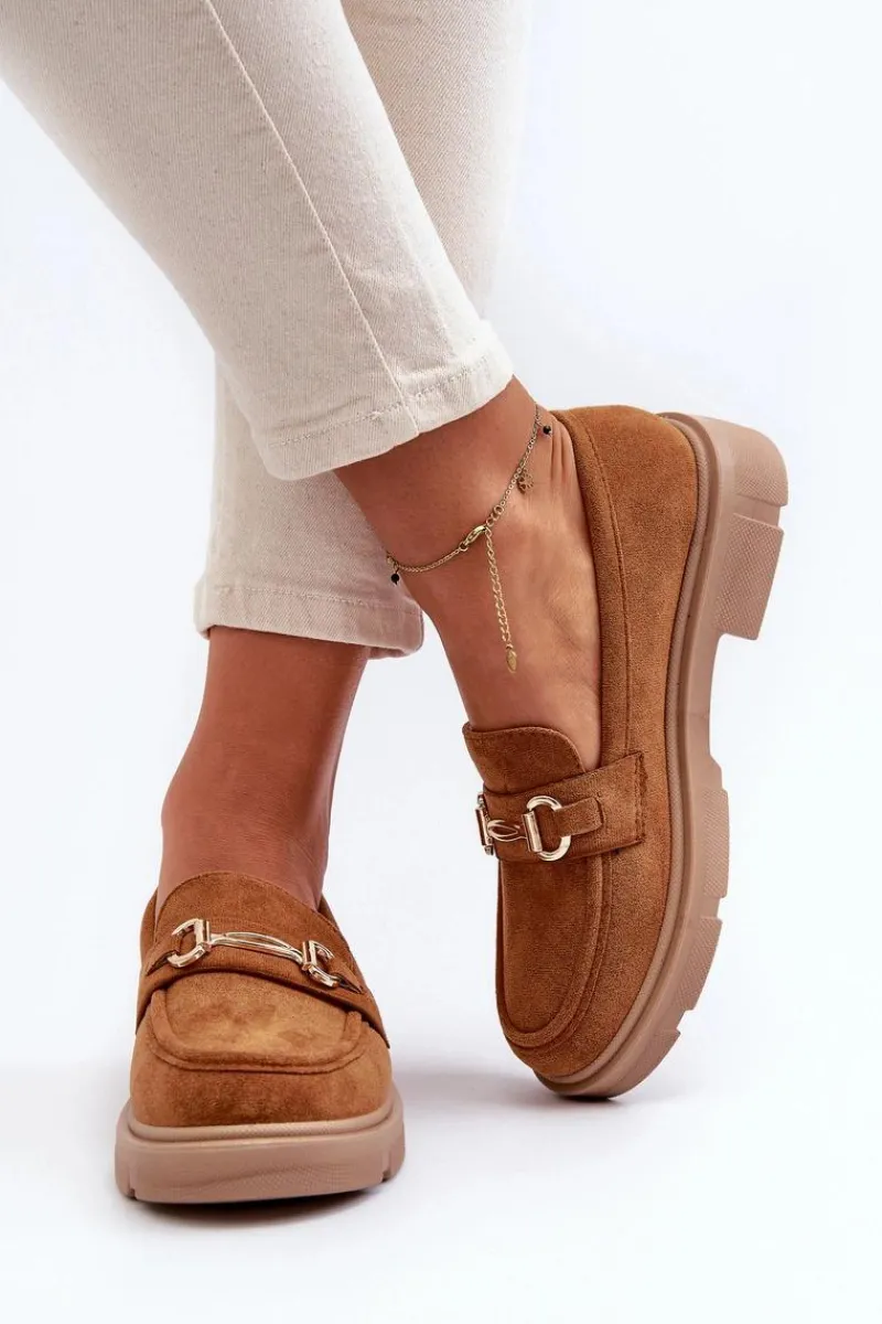 Hot Boto Mokasyny Damskie Ze Złotą Ozdobą Eko Zamszowe Camel Lighas