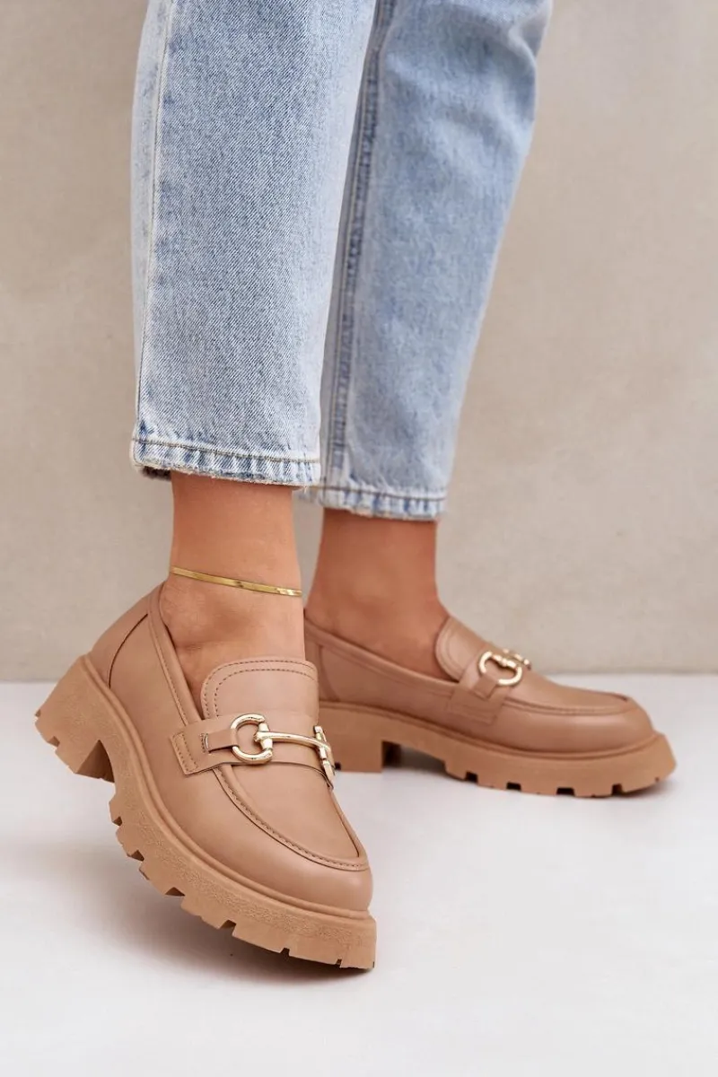 Discount Boto Mokasyny Damskie Ze Złotym Detalem Beżowe Ferietta